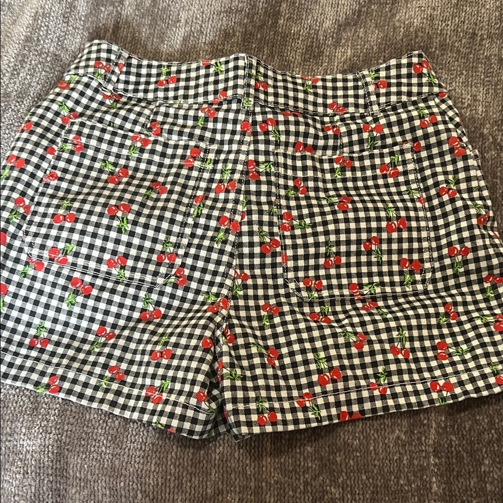Bagatelle Black and White Gingham Cherry Print Shorts 12 - Picture 3 of 5